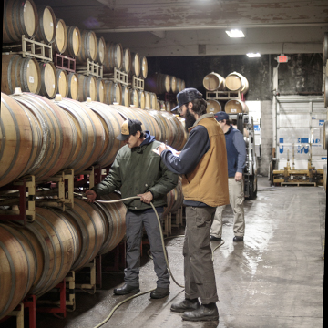 winery workers in barrel room