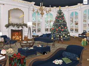 Room interior with Christmas tree and presents